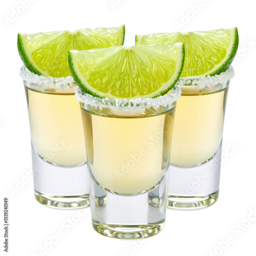 Three tequila shots with salted rims, each garnished with a fresh lime wedge.