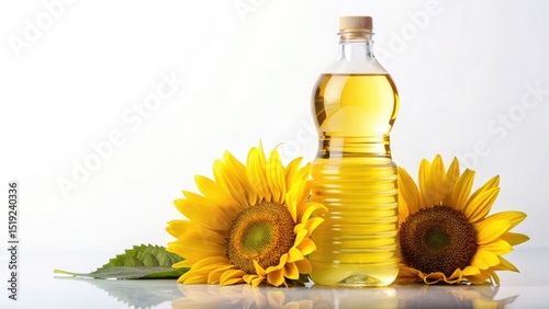 Surreal Sunflower Oil Bottle Closeup,  Photorealistic,  White Background,  Fantasy Oil Bottle,  Close Up Product Photography