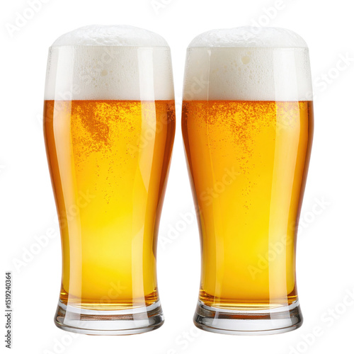 Two full pint glasses of golden beer with a foamy head.
