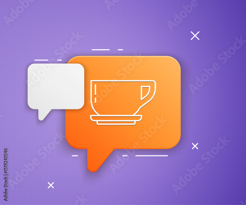 White Coffee cup icon isolated on purple background. Tea cup. Hot drink coffee. Orange speech bubble symbol. Vector