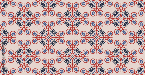 Abstract line shape flowers geometric motif basic pattern continuous background. Oriental style damask floral tile modern lux fabric design textile swatch ladies dress, man shirt all over print block.