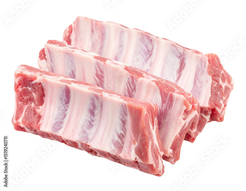 Raw pork ribs stacked in a neat arrangement.