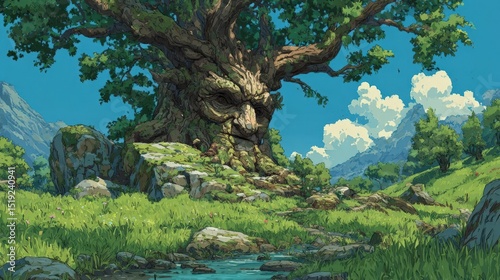 Imagine a sentient talking tree in a magical world