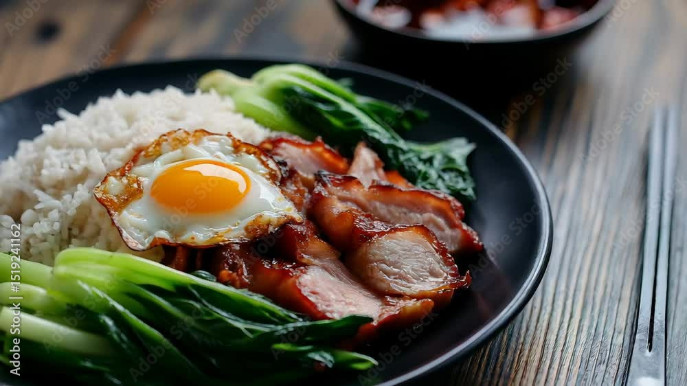 A full plate of glazed pork, white rice, fried egg, and green vegetables sits on a dark wooden table A full plate of glazed pork, white rice, fried egg, and green vegetables sits on a dark wooden table