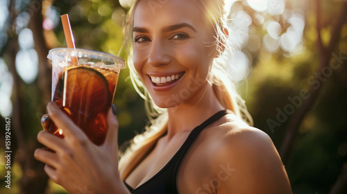 Happy Young Woman in Yoga Clothes Smiling and Holding Takeaway Iced Coffee Close Up, High Definition Stock Photo for Advertising Healthy Lifestyle