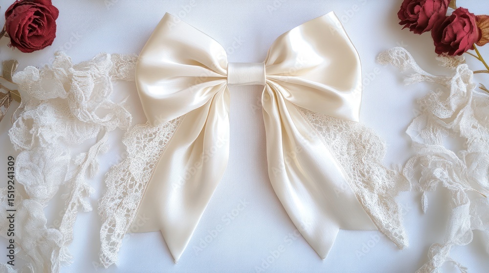 Elegant Cream Satin Bow with Delicate Lace Accents Elegant Cream Satin Bow with Delicate Lace Accents