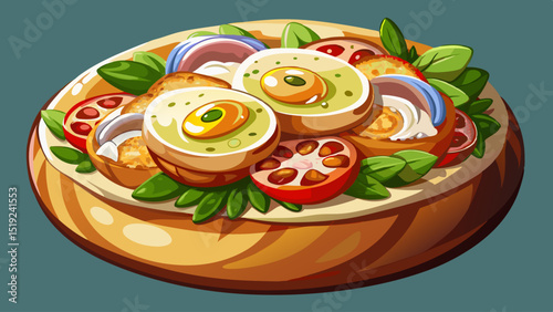 Round crusty bread soaked in olive oil, stuffed with tuna, hard-boiled egg, olives, tomatoes, green beans, and vinaigrette, close-up revealing colorful, layered Mediterranean freshness.