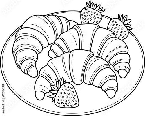 Delicious croissants and fresh strawberries on plate