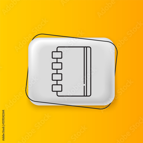 Black Notebook icon isolated on yellow background. Spiral notepad icon. School notebook. Writing pad. Diary for school. Silver rectangle button. Vector