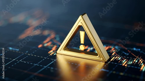 Golden triangle with exclamation mark on stock market background highlights executive warning and notice alert about financial risks or alerts