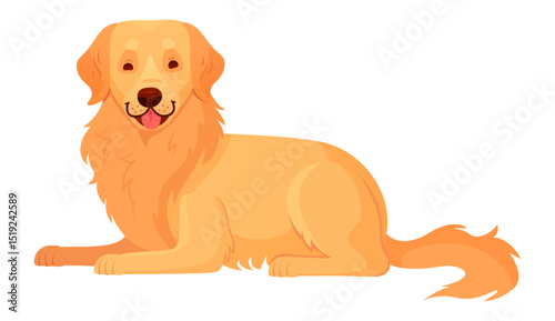 Cartoon golden retriever dog lying down with tongue out, showcasing a joyful expression. Isolated on a white background, representing the warmth of pet companionship and loyalty