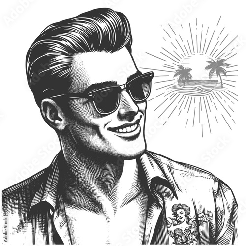 man wearing sunglasses and confidently unbuttoning his shirt with a broad smile sketch engraving generative ai fictional character vector illustration. Scratch board imitation. Black and white image.