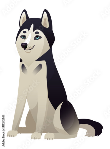 Cartoon illustration featuring a stunning husky dog breed, sitting gracefully and gazing with captivating blue eyes against a clean white background, radiating charm and playfulness