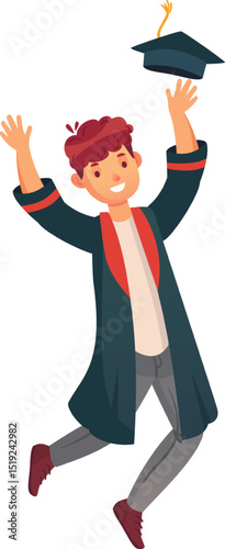 Happy graduating student wearing a graduation gown joyfully jumping and tossing the graduation cap into the air, celebrating the momentous occasion of graduation day with excitement and pride
