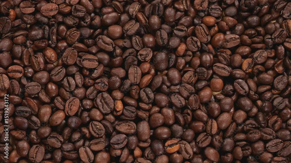 Close-up of many coffee beans slowly spinning. Brown coffee background with aromatic coffee grains.