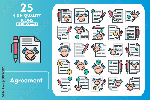 Agreement Line Filled Icon Set. Incleded Icons Job, Agreement, Contract, Deal, File, Employment, Business, Paper, Arrangement. Vector Icons Collection