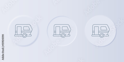 Grey Rv Camping trailer icon isolated on grey background. Travel mobile home, caravan, home camper for travel. Set icons in square buttons. Vector