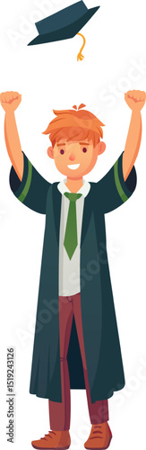 Happy student wearing graduation gown and tie throwing graduation cap in the air celebrating successful achievement, completing university degree, college, academic, educational concept