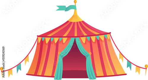 Brightly striped circus tent with open entrance, decorated with colorful flags, creates a festive atmosphere, inviting visitors to enter and experience the magic of the show