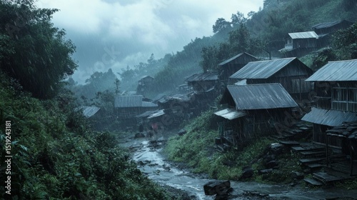 A remote mountain village covered in low-hanging clouds during the rainy season 