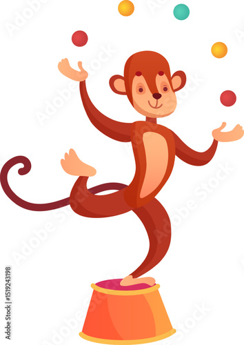 Cartoon monkey juggling vibrant, colorful balls while balancing skillfully on one leg atop a small pedestal, captivating audiences with a delightful circus performance