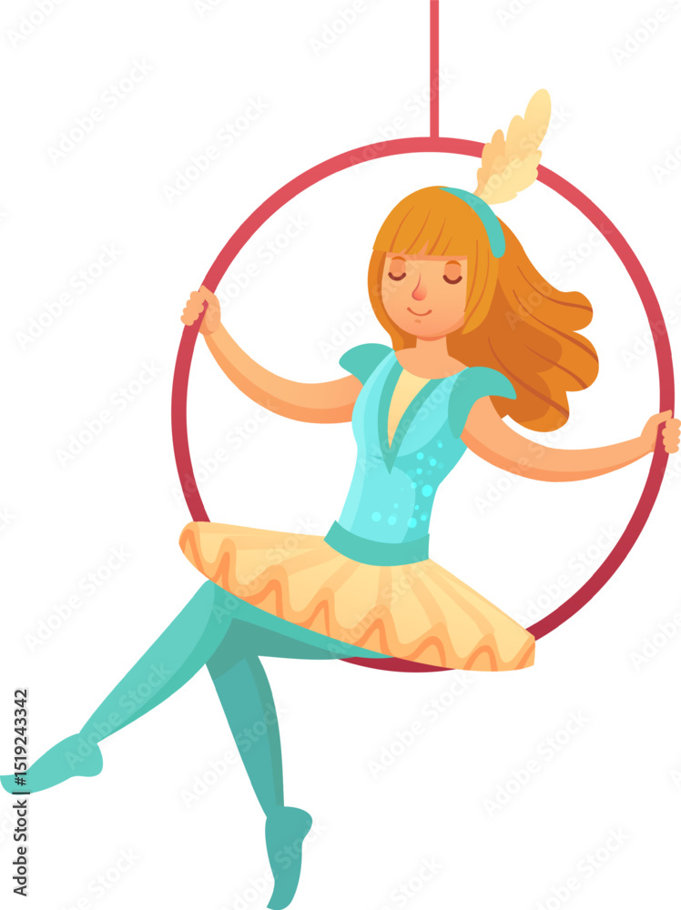 Fototapeta premium Female circus artist performing an aerial hoop act, displaying remarkable grace and skill in a vibrant, dynamic entertainment environment filled with excitement and joy