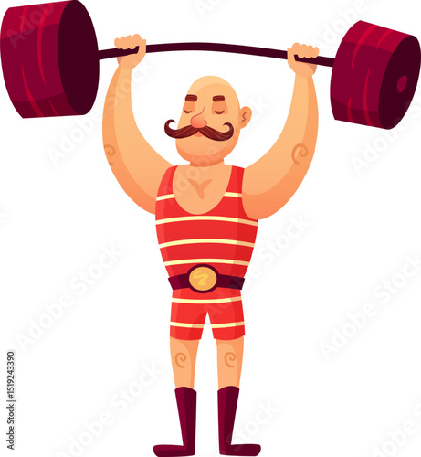 Circus strongman with a prominent mustache lifting a heavy barbell during a thrilling show, showcasing incredible strength while delighting and entertaining the captivated audience