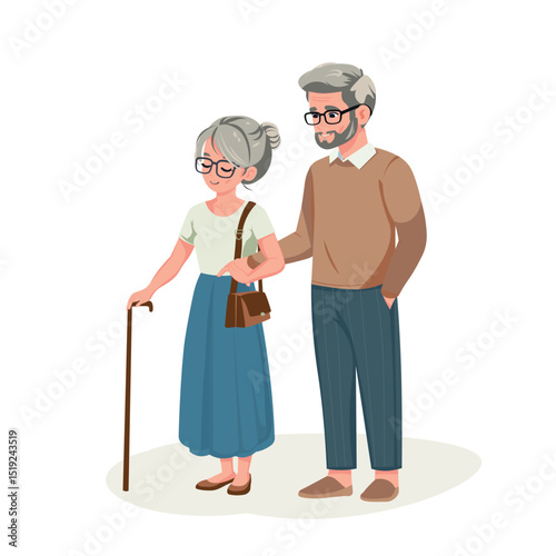 happy old couple walking  together grandparents  cartoon vector flat design