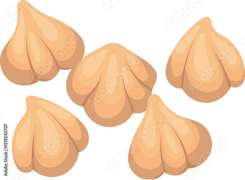 Five chickpeas are falling against a white background, creating a visually appealing arrangement that highlights their unique shape and texture
