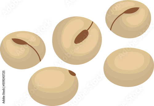 Five soybeans are falling against a white background, creating a simple yet visually appealing composition, suitable for various food and agriculture related projects