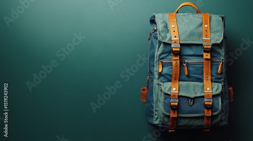A rugged hiking backpack with visible straps buckles and compartments placed on a solid forest green background designed for adventure and durability outdoor