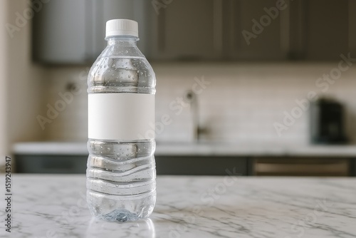 Water Bottle with Blank Label on a Marble Table