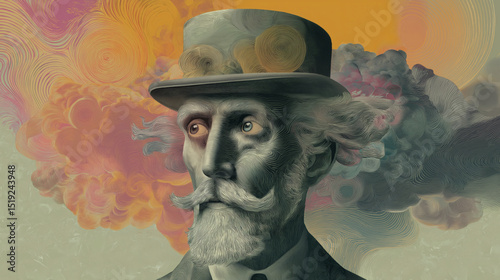 Surreal Portrait of Victorian Gentleman with Colourful Cloud Explosion