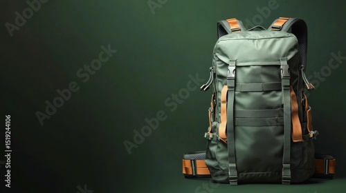A rugged hiking backpack with visible straps buckles and compartments placed on a solid forest green background designed for adventure and durability outdoor