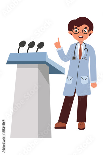 Doctor giving a presentation at a conference to share knowledge on medical advancements. Vector illustration in flat style isolated on white background.