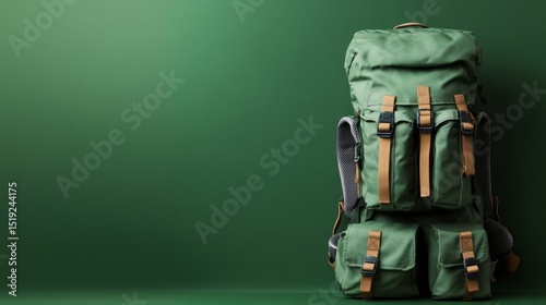 A rugged hiking backpack with visible straps buckles and compartments placed on a solid forest green background designed for adventure and durability outdoor