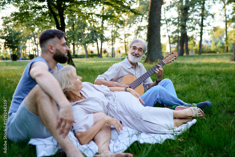 Fototapeta premium Family Enjoying a Relaxing Day Outdoors With Guitar and Nature..