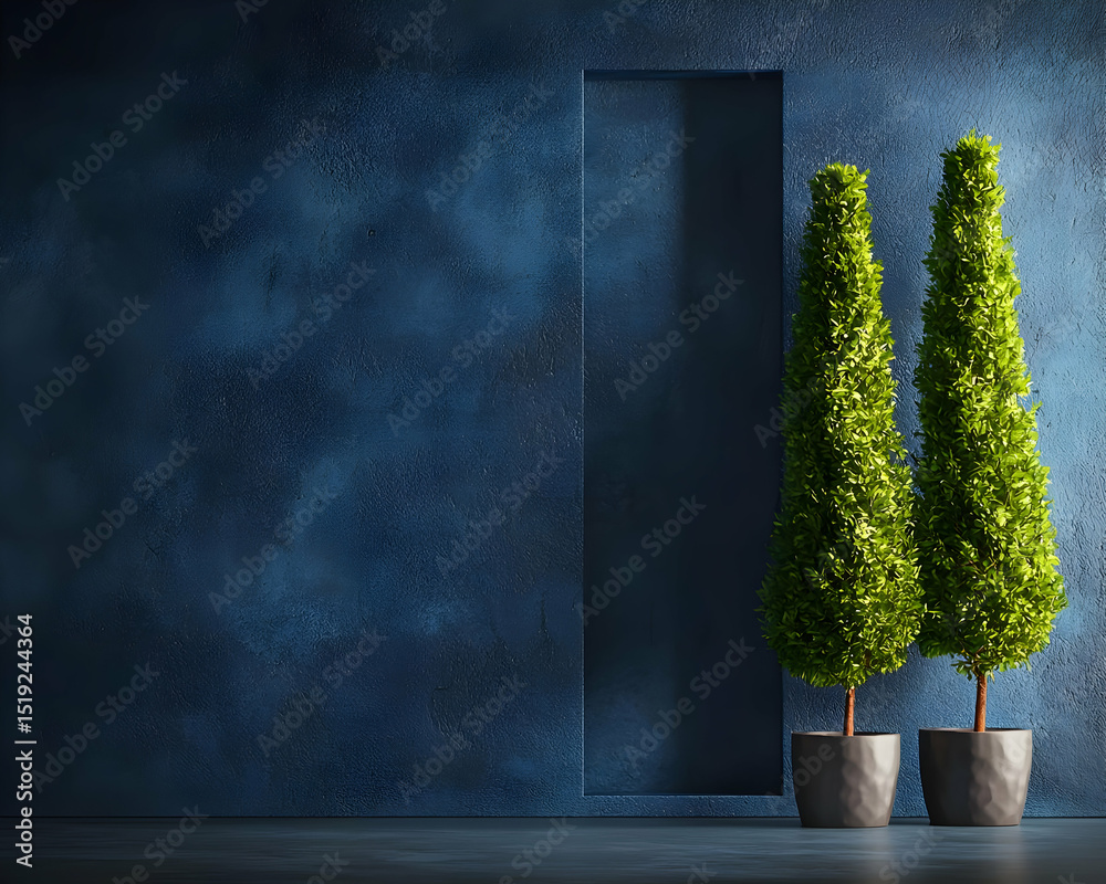 Fototapeta premium Modern Interior Design With Dark Blue Wall And Potted Plants