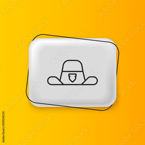 Black Sheriff hat with badge icon isolated on yellow background. Silver rectangle button. Vector