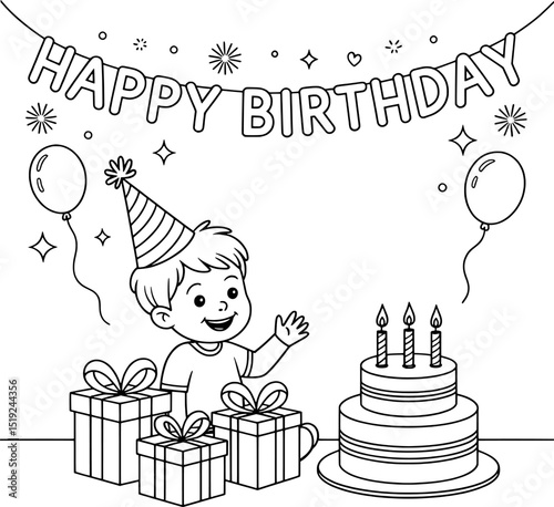 Happy birthday boy coloring page cute gifts cake
