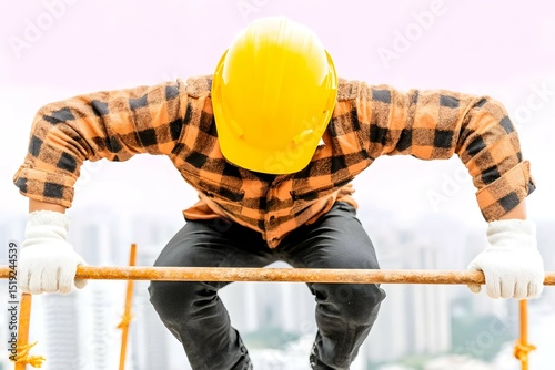 A man in a yellow helmet is balancing on a metal pole