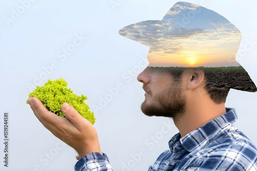 A man wearing a cowboy hat holds a head of lettuce in his hand