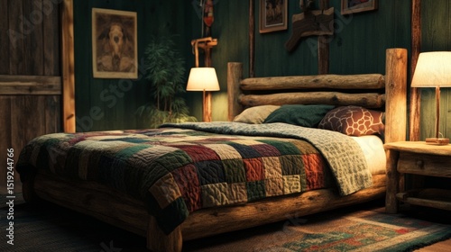 A rustic bed with a wooden frame and quilted patchwork blanket placed