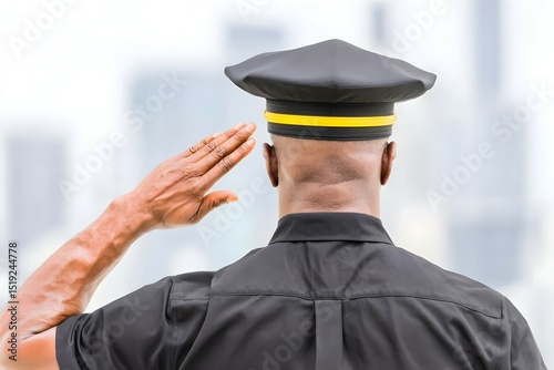 A man in a black uniform salutes the camera