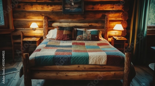 A rustic bed with a wooden frame and quilted patchwork blanket placed