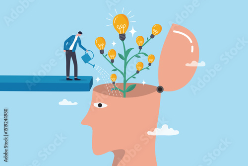 Planting growth idea, growing innovation or creativity, imagination or solution development, intelligence brainstorming, education concept, man watering lightbulb idea plant growing on human head.