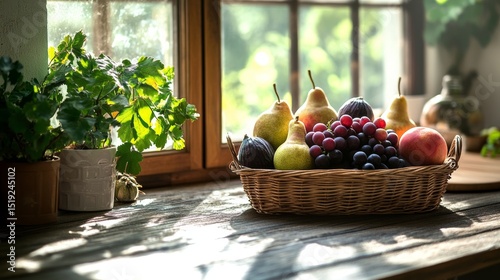 A rustic kitchen scene with a fruit basket overflowing with seasonal fruits pears grapes apples and figs natural sunlight streaming through the window soft shadows 