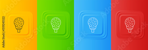 White Golf ball on tee icon isolated on colorful background. Set icons in square buttons. Vector