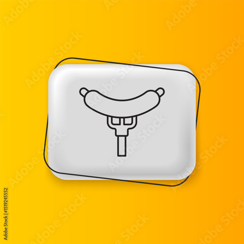 Black Sausage on the fork icon isolated on yellow background. Grilled sausage and aroma sign. Silver rectangle button. Vector