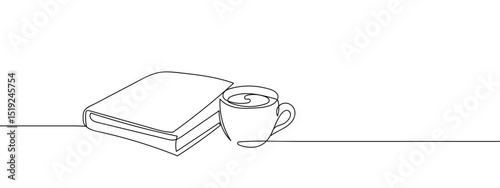Continuous line, book and coffee cup Line Art Vector Transparent Background Edit Stroke.